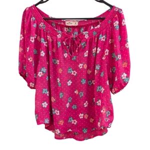 Vintage Y2K Hollister Peasant Top Pink Floral Off Shoulder Puff Sleeve M Hawaii